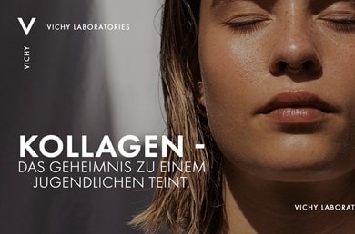 Junge Frau mit geschlossenen Augen und dem Text „Kollagen – das Geheimnis zu einem jugendlichen Teint