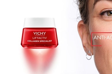 Halbprofil einer Frau, daneben Text Anti-Age und ein Tiegel Vichy LIFTACTIV Collagen Specialist Creme