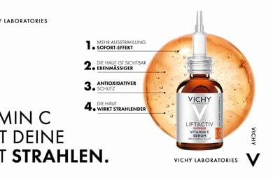 Abbildung des LIFTACTIV Vitamin C Serums von Vichy und dem Text „Vitamin C lässt deine Haut strahlen“
