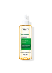 Flasche des Anti-Schuppen Water to Foam Shampoos von Vichy Dercos. Mit Applikator für gezielte Kopfhautpflege.